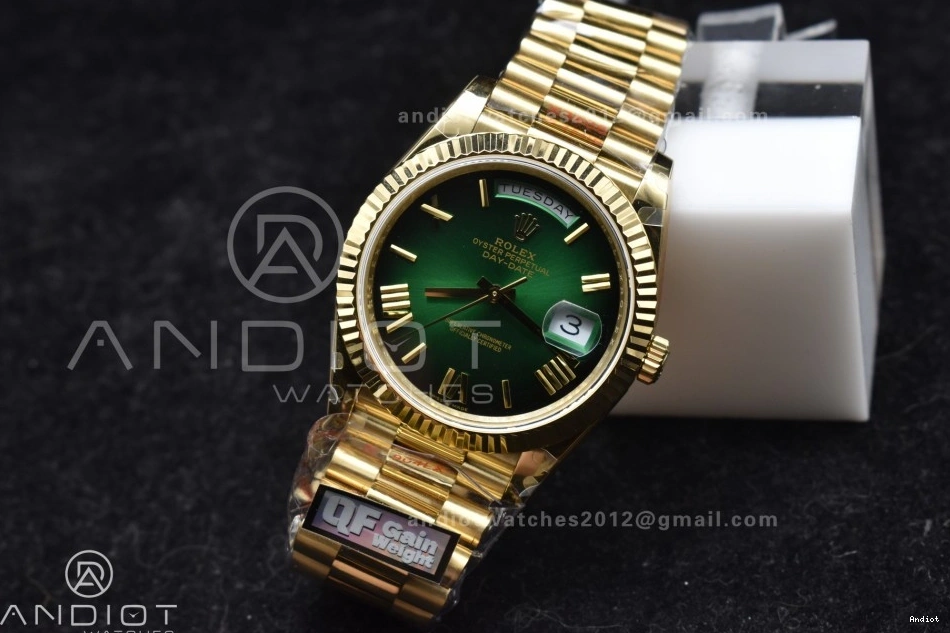 QF Best A2836 Black DayDate Edition 904L 40 V4 Weight) Dial on (Gain Steel Bracelet President Green YG 0301